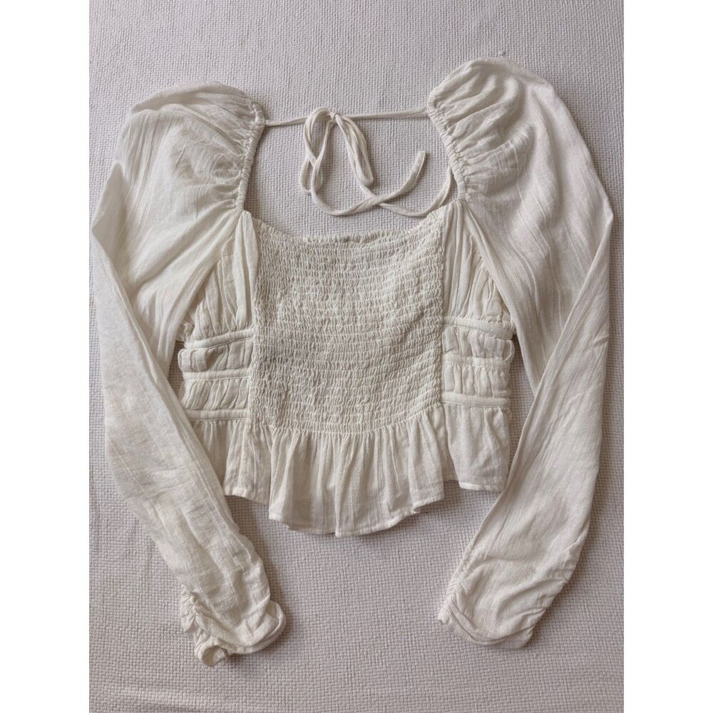 Free People Chloe Top S White Smocked Puff Sleeve Peplum Boho Cottagecore - Picture 6 of 7